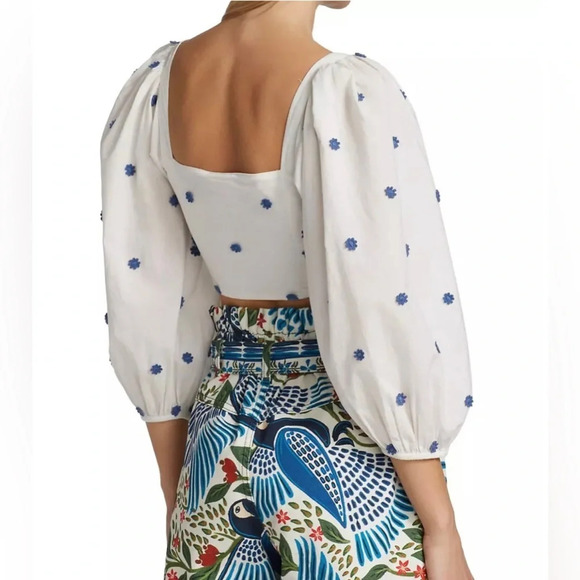 Farm Rio Embroidered Floral Crop Top White Navy Puff Twist Front - Picture 3 of 7